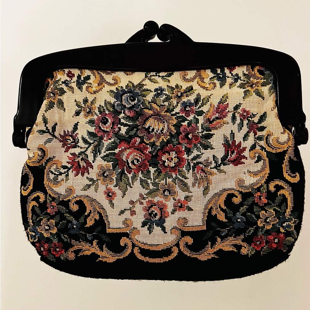 Vintage Needle Point Floral Design Clutch, Lucite or Bakelite Handle
